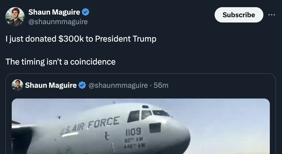 CollinRugg's tweet image. HAPPENING NOW: President Donald Trump receives massive wave of support after he was found guilty in the New York City trial, crashing his donation page.  
  
Sequoia Capital's Shaun Maguire: Donated $300,000 to Trump's campaign.  
  
Lee Zeldin: Secured an $800k donation for…