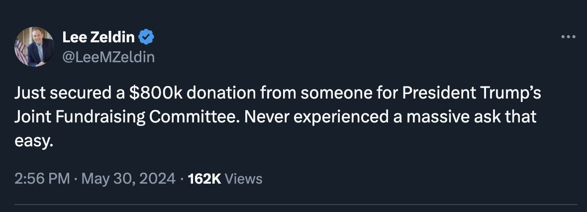 HAPPENING NOW: President Donald Trump receives massive wave of support after he was found guilty in the New York City trial, crashing his donation page. Sequoia Capital's Shaun Maguire: Donated $300,000 to Trump's campaign. Lee Zeldin: Secured an $800k donation for