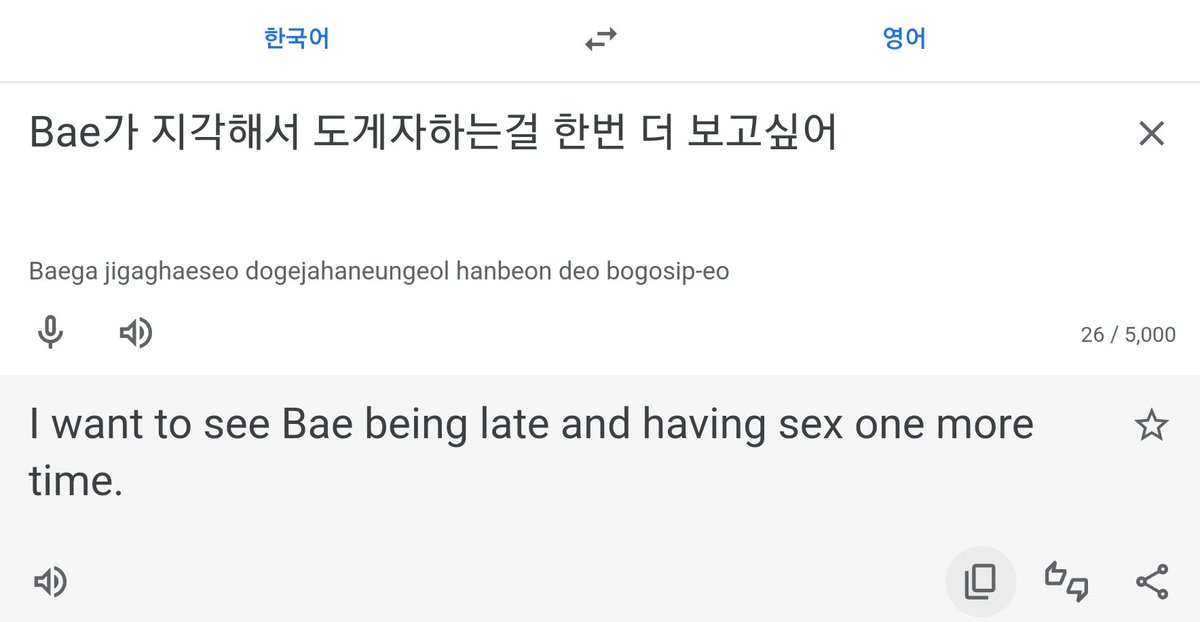 What I wrote : I want to see Bae dogeza one more time because she's late Google translator : 🙃