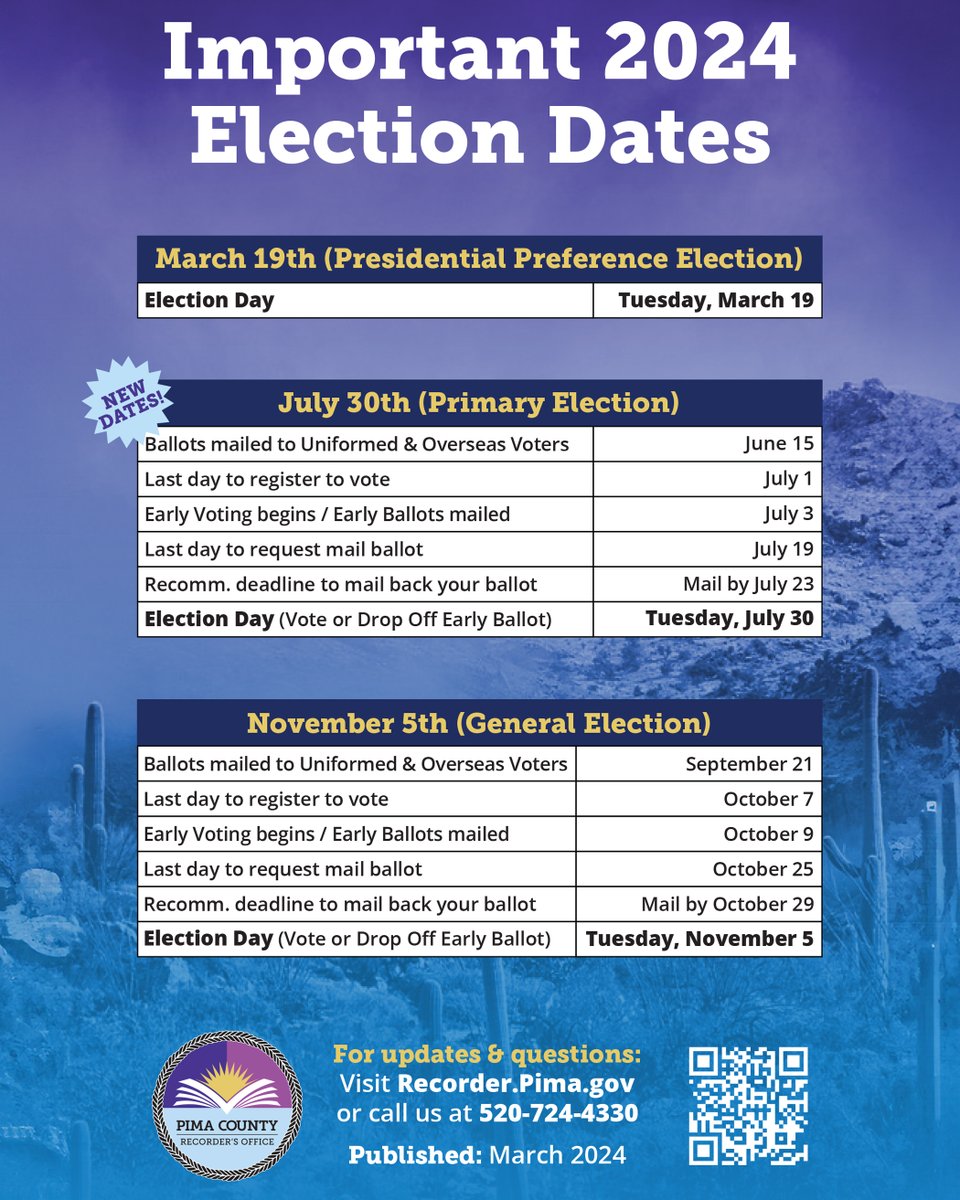 PimaRecorder's tweet image. We are two months away from the July 30, 2024, Primary Election! Save this 📲 to keep the dates fresh in your mind! 

¡Estamos a dos meses de las elecciones primarias del 30 de julio de 2024! ¡Guarda esto 📲 para mantener las fechas frescas en tu mente!