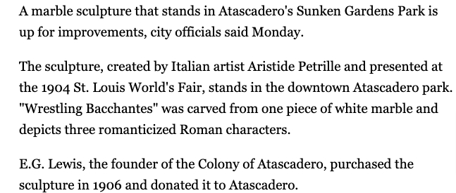 @STL_from_above Not many realize that EG Lewis left U City to create a new intentional community in Atascadero California. He brought to California this statue he bought after the 1904 World Fair