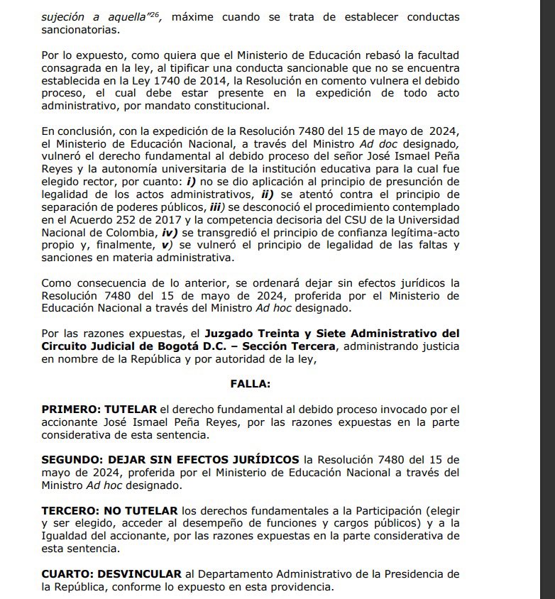 Juzgado 37 administrativo de Bogotá falló a favor de José Ismael Peña rector de la Universidad Nacional y dejó en evidencia la injerencia del gobierno Petro sobre la autonomía universitaria.