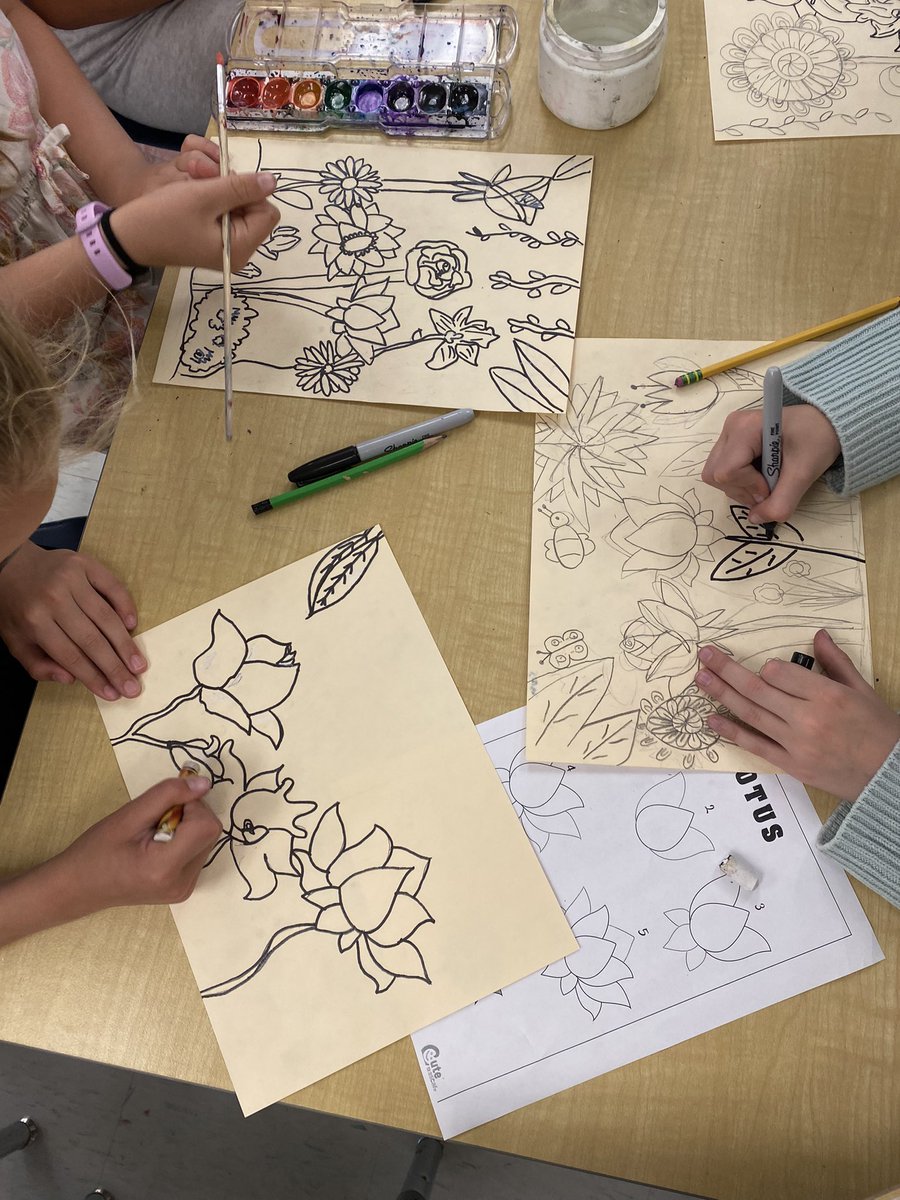 Watercolour flower garden art in Grade 4! We used white oil pastels or crayons to add detail to the flower outline before painting. Students were encouraged to *not* paint in the lines. I love how these turned out! 🌷🌻🌹
