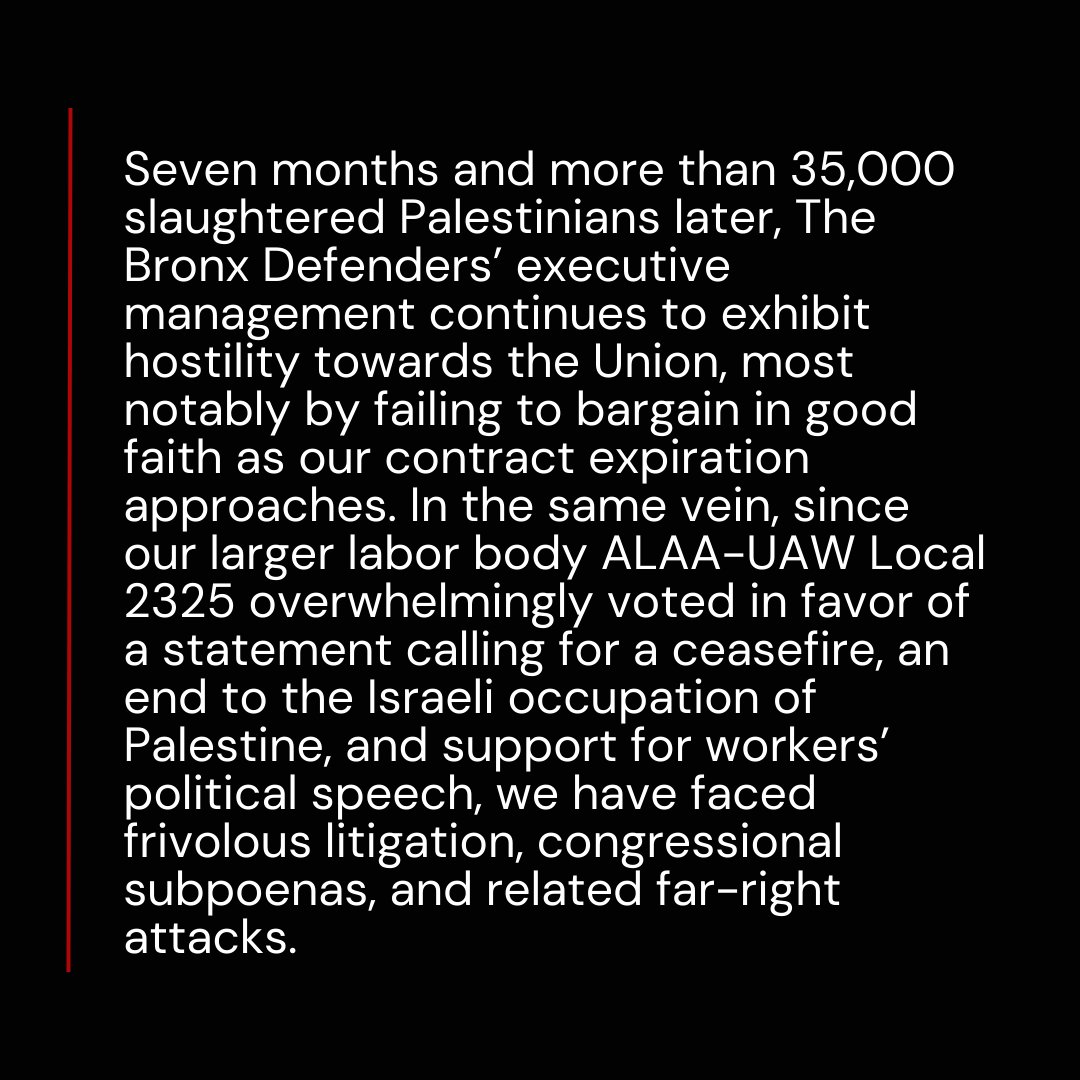 Today, The Bronx Defenders Union-UAW Local 2325 voted to release this statement condemning repression of pro-Palestine speech, calling for charges against protesters to be dropped, and reaffirming our commitment to Palestinian liberation. Read it @ tinyurl.com/bxdunionstatem… (1/2)