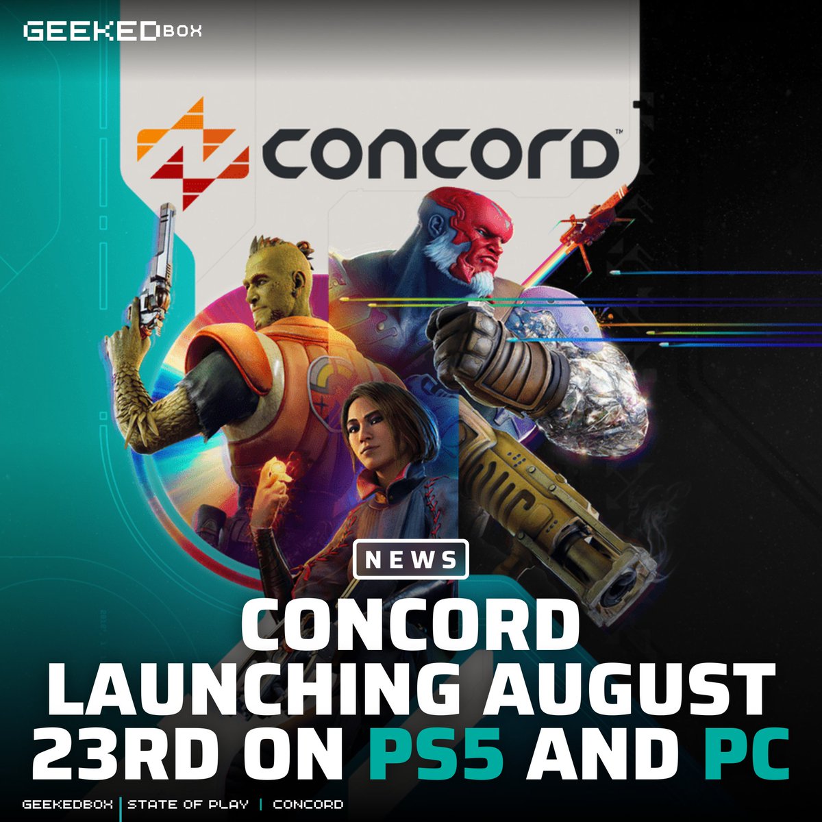GeekedBox's tweet photo. Concord details

- Launching August 23 on PS5 and PC
- Beta in July
- 5v5 character-driven, first-person multiplayer hero shooter
- A tight, well-balanced FPS
- Set in the Concord galaxy
- Play as the crew of the Northstar - a group of guns-for-hire known as Freegunners
#Concord https://t.co/LtrRfvhYh7