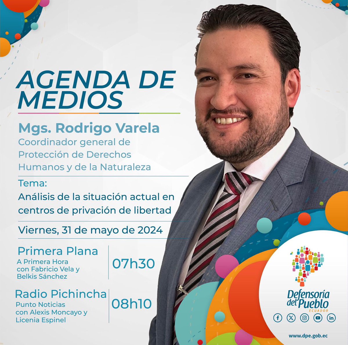 💻📻#DPEenMedios | Te invitamos a sintonizar las entrevistas de Rodrigo Varela, coordinador de Protección de Derechos Humanos y de la Naturaleza de la #DefensoríaDelPueblo.

📌Tema: Análisis de la situación actual en centros de privación de libertad

🗓️31 de mayo de 2024