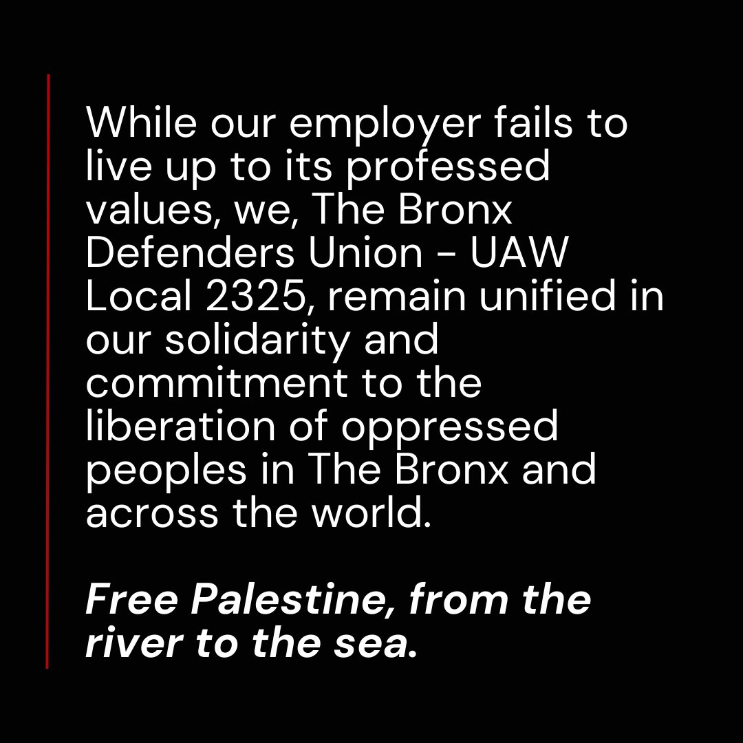 The Bronx Defenders Union - UAW Local 2325 (@bxdunion) on Twitter photo We also call on our employer <a href="/BronxDefenders/">The Bronx Defenders</a>, which claims to be committed to "radically transforming" the "justice system," to end its silence regarding this recent wave of violent arrests of protesters, which even peer organizations have condemned. (2/2) We also call on our employer <a href="/BronxDefenders/">The Bronx Defenders</a>, which claims to be committed to "radically transforming" the "justice system," to end its silence regarding this recent wave of violent arrests of protesters, which even peer organizations have condemned. (2/2)