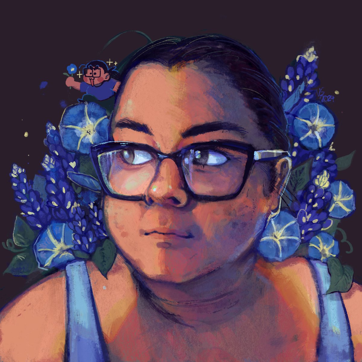 while I was housesitting, I took a selfie on my ipad and decided to digitally paint a lil self portrait! featuring my two favorite flowers  :)