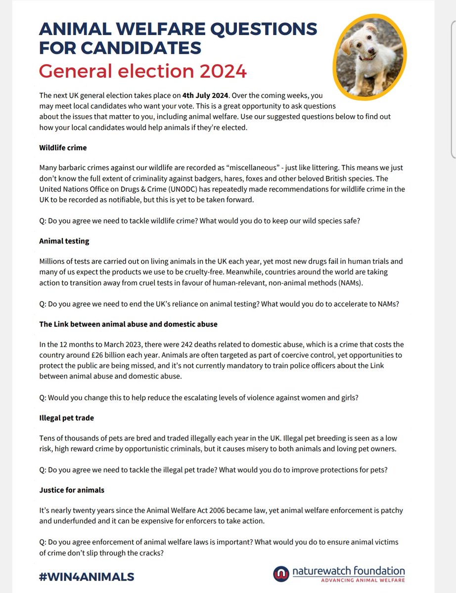 ‼️ANIMAL WELFARE QUESTIONS FOR CANDIDATES GENERAL ELECTION 2024‼️ IF YOU WISH TO SUBMIT YOUR QUESTIONS TO SUNAK & STARMER #ITVGeneralElection2024 Debate, here's the link 👇 itv.com/news/2024-05-2… Next UK General Election ➿ 4th July 2024 #Win4Animals #NaturenWatchFoundation