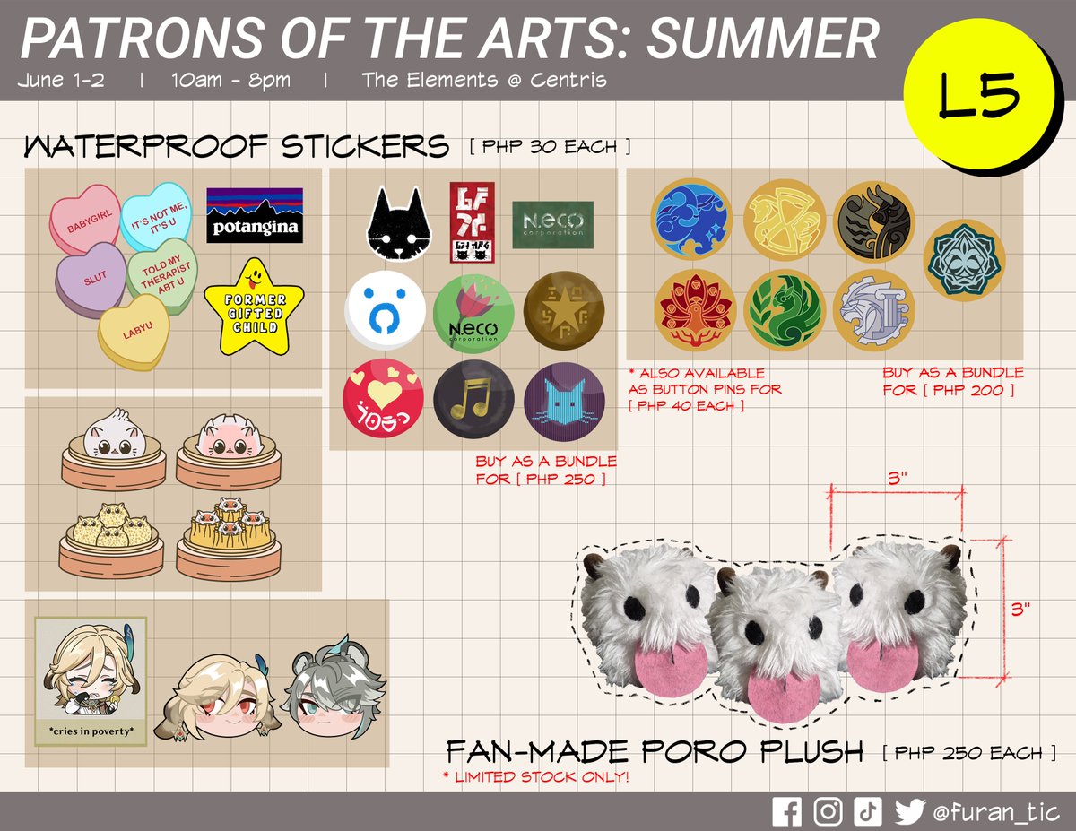 [RT'S 💖]

Quickie #PotASummer merch catalog ☀️

First time tabling at #PatronsOfTheArts with <a href="/doronyaaart/">Doronyaart</a> &amp; <a href="/WeakmanPururiin/">Weakman</a> this weekend. ☺️

Come say hi! See you all soon  🫶

📍 The Elements at Centris, QC
🗓️ June 1-2 | 10am-8pm
⭐️Table L5