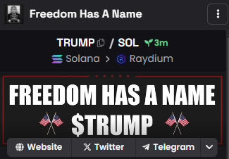 freedomhasaname's tweet photo. Dexscreener updated✅

Freedom Has A Name - $TRUMP 

Chart:https://t.co/QbxDh3ELxC https://t.co/CffijDo09X