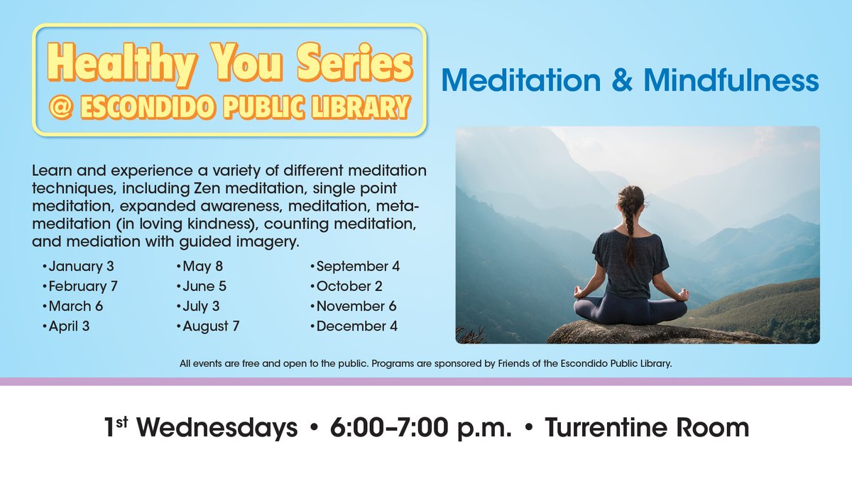 Escondido Library (@escolibrary) on Twitter photo Embrace your self care and health with our free monthly meditation sessions! The next one is Wednesday, June 5, 6:00 to 7:00 p.m.!
Experience guest instructor Lisa Kohler's guidance. Lisa Kohler is a Minister of Holistic Healing and spiritual counselor.
#meditation #selfcare Embrace your self care and health with our free monthly meditation sessions! The next one is Wednesday, June 5, 6:00 to 7:00 p.m.!
Experience guest instructor Lisa Kohler's guidance. Lisa Kohler is a Minister of Holistic Healing and spiritual counselor.
#meditation #selfcare
