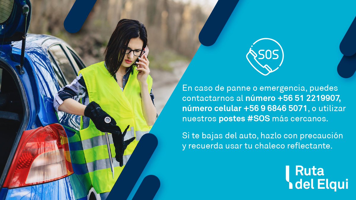 #RutaDelElqui 👉 En caso de panne o emergencia, puedes contactarnos a los números ☎️ +56 5 1221 9907, 📲 +56 9 6846 5071, o utilizar nuestros postes #SOS más cercanos. Si te bajas del auto, hazlo con precaución y recuerda usar chaleco reflectante. #Ruta5 #Coquimbo @CarabCoquimbo