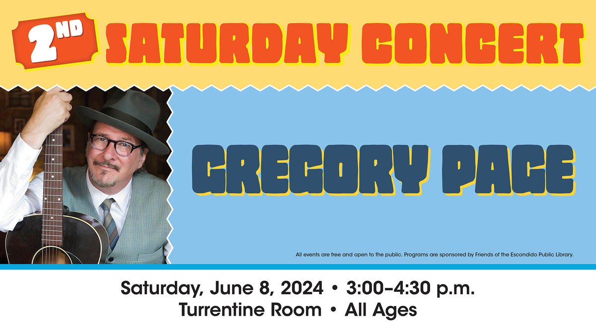 Escondido Library (@escolibrary) on Twitter photo Join us on our Facebook page and upstairs in the Turrentine Room on June 8, 3:00 p.m. to 4:30 p.m. for a live performance from <a href="/GregoryDPage/">Gregory Page</a>!
#freeconcert #gregorypage #libraryconcert #freeevent #livemusic #singer #songwriter #musician #sandiegocounty Join us on our Facebook page and upstairs in the Turrentine Room on June 8, 3:00 p.m. to 4:30 p.m. for a live performance from <a href="/GregoryDPage/">Gregory Page</a>!
#freeconcert #gregorypage #libraryconcert #freeevent #livemusic #singer #songwriter #musician #sandiegocounty