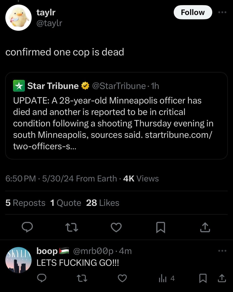 making a joke out of the death of a public servant, someone’s child, & perhaps even parent, is a new & deranged low from the left of mpls who are so deeply detached from reality. i pray you find solace from your blackened souls & whatever else makes you think this is acceptable.
