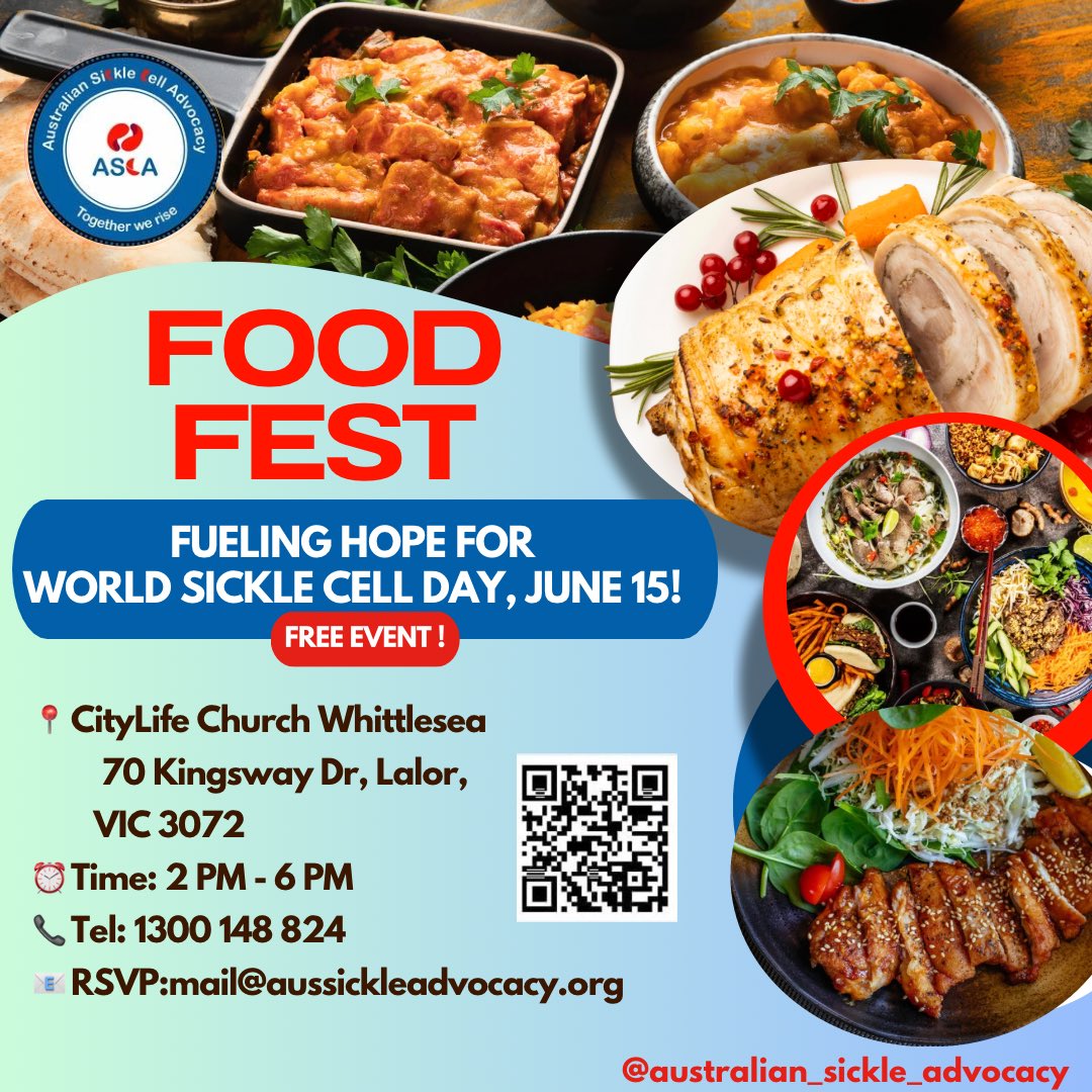 🎉 Join Us for the ASCA Food Fest!
Let's come together to fuel hope and raise awareness! 🌟
Date: June 15 
Venue :CityLife Church Whittlesea, 70 Kingsway Dr, Lalor VIC 3072
Time: 2 PM - 6 PM
RSVP: mail@aussickleadvocacy.org
 Tel: 1300 148 824