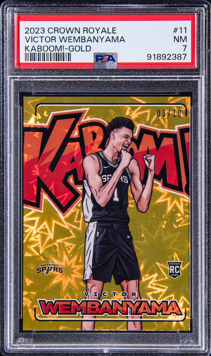 One of the Highest Priced & Most Bid On Items in our Weekly Auction that closes Tonight? This 2023-24 Panini Crown Royale Kaboom! Gold #11 Wemby Rookie Card (#03/10) 82 Total Bids. Current Price: $30,000 Bid here:bit.ly/3V6XxVU Open Extended Bidding starts in 1 HOUR!