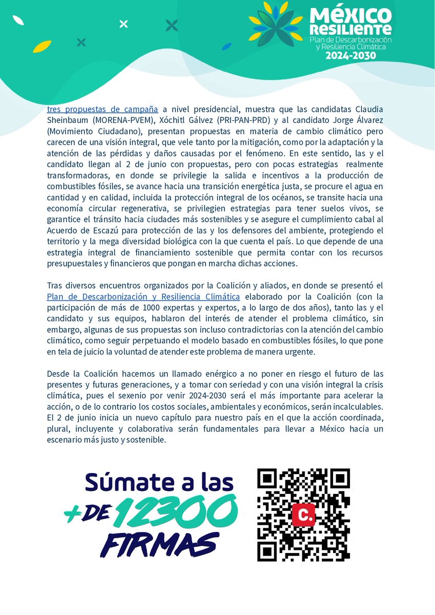 🚨 El #CambioClimático no está al centro de las prioridades de @Claudiashein @XochitlGalvez y @AlvarezMaynez 🚨

Lamentamos la falta de avance para atender la #CrisisClimática en #México, y la carencia de propuestas estructurales por parte de lxs candidatxs a la Presidencia🧵🪡👇