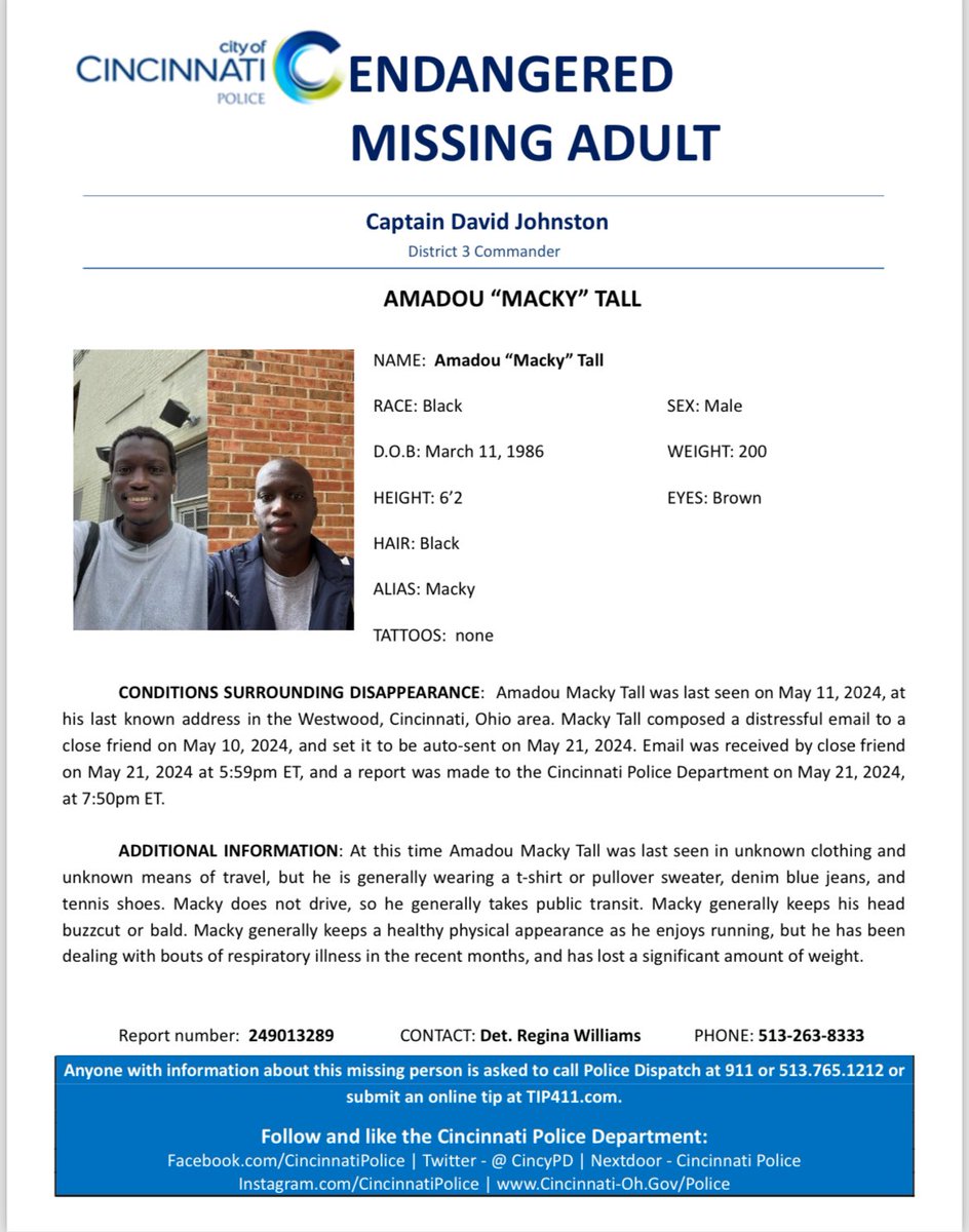 ⚠️⚠️⚠️⚠️⚠️⚠️⚠️⚠️⚠️⚠️⚠️⚠️⚠️ AMADOU “MACKY” TALL OF CINCINNATI, OHIO IS MISSING AND ENDANGERED @moonmacky @moonmacky ⚠️⚠️⚠️⚠️⚠️⚠️⚠️⚠️⚠️⚠️⚠️⚠️⚠️ PLEASE CONTACT ME OR DETECTIVE REGINA WILLIAMS AT @CINCYPD WITH SERIOUS INQUIRIES ONLY.