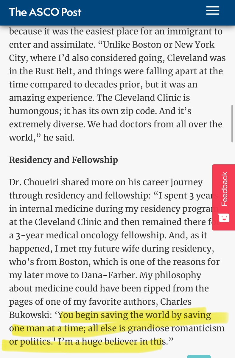 Loved this interview with @DrChoueiri @DanaFarber in the @ASCOPost. Amazing to see the strength & fortitude he had to endure difficult circumstances & rise to become a leader in #medicine. So much of this piece resonated with me, but absolutely loved the quote below in