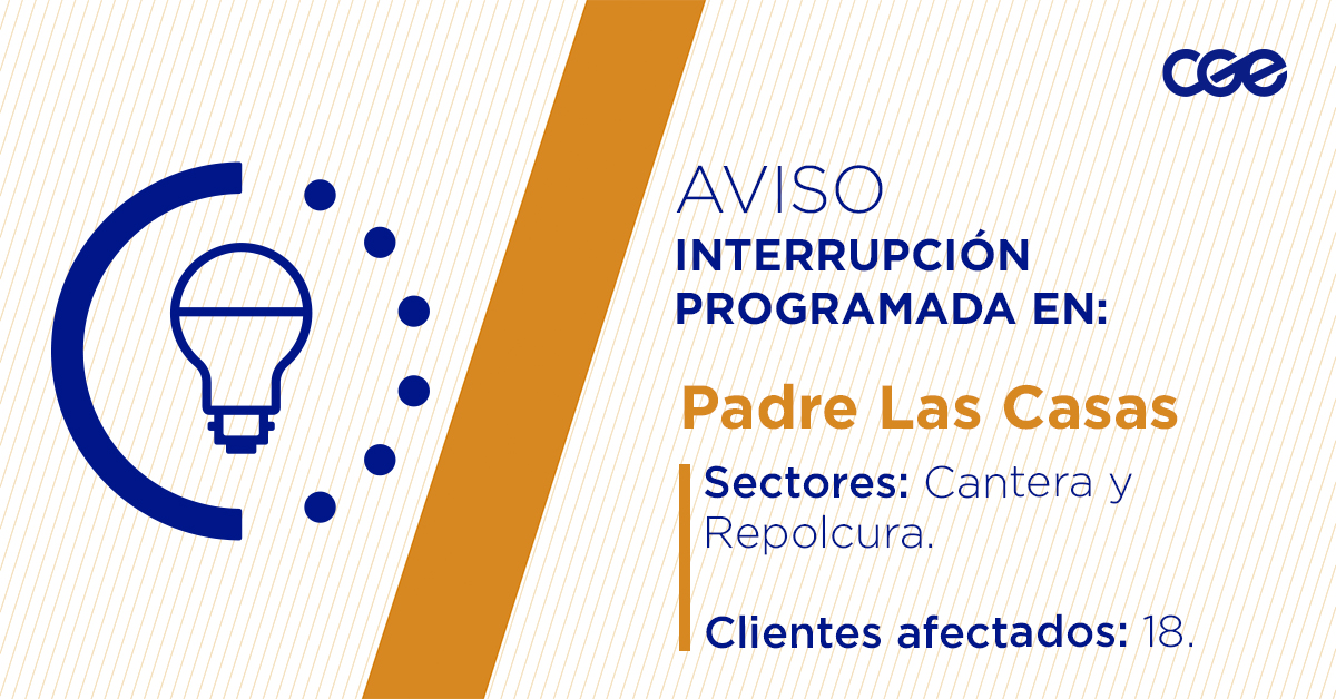 Para mejorar la calidad del suministro de nuestros clientes de #PadreLasCasas, este sábado, entre 09:30 y 15:30 hrs, se realizará una #InterrupciónProgramada (sectores en imagen 👇) debido a trabajos de mejoras. Esto afectará a 18 clientes. Recuerda desconectar tus artefactos 🔌