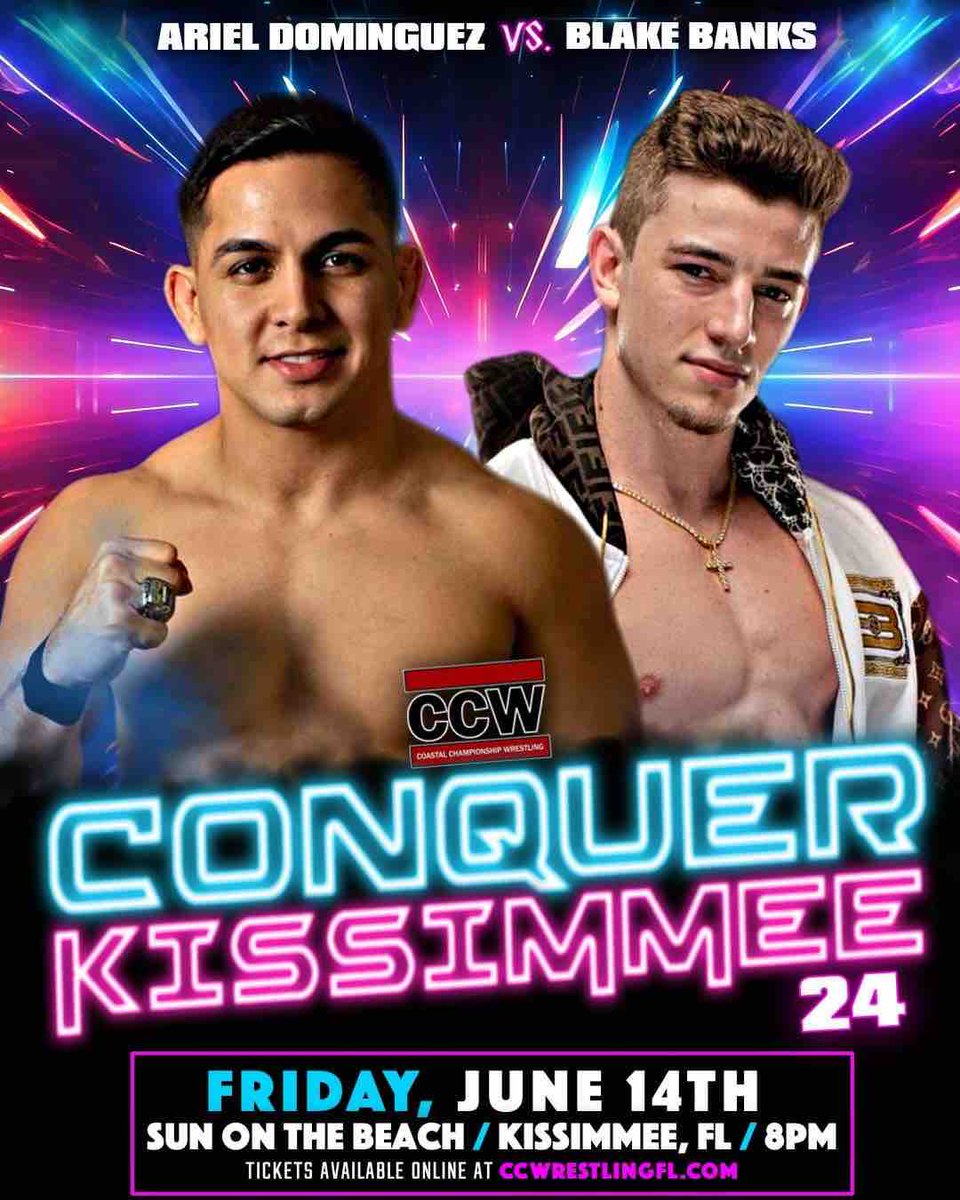 A match months in the making. Former Cruiserweight Title Ariel Dominguez competes for the first time since losing the belt. There’s no love lost here. This could’ve been a title match. Blake Banks isn’t happy. Conquer Kissimmee 24 June 14th Tix: coastalchampionshipwrestlingfl.com/events-1/conqu…