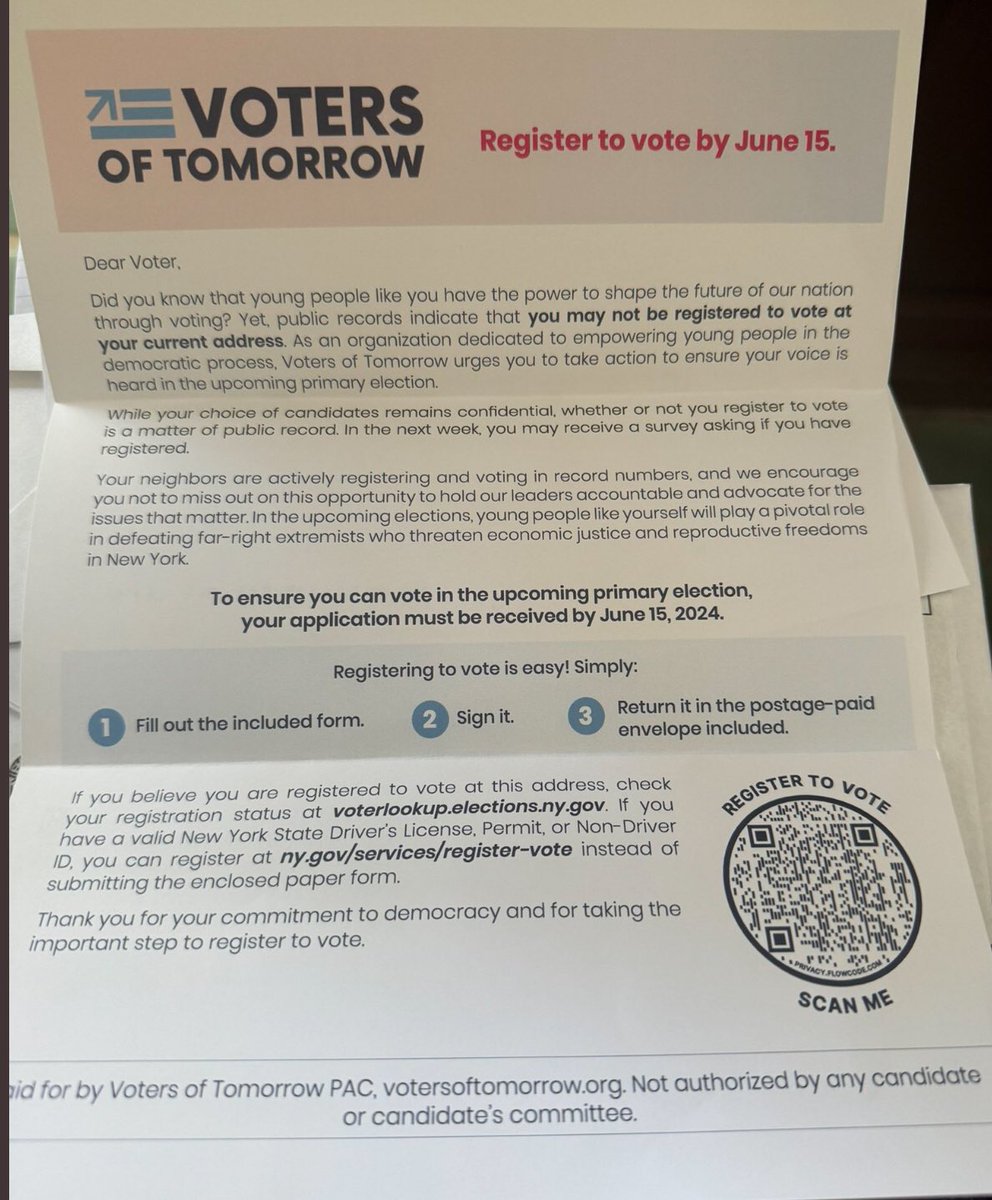 Voters of Tomorrow mass mailing hits our streets.