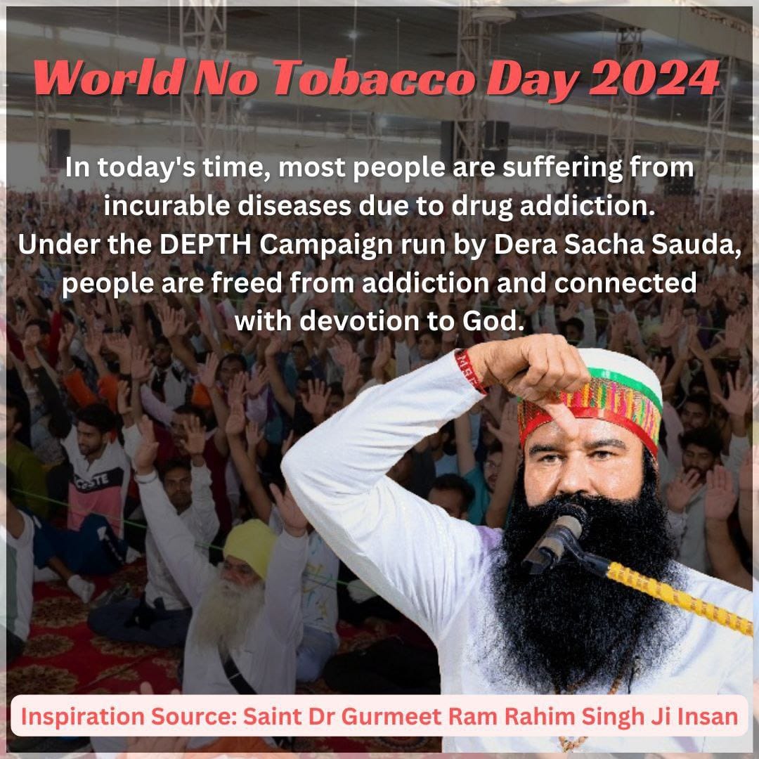 PoojaInsaa77's tweet photo. Drugs are dangerous addictions, especially when they lead to health problems. Saint MSG says that any addiction can be completely cured only when one has faith in oneself and practices meditation regularly. 
#WorldNoTobaccoDay
#WorldNoTobaccoDay2024 https://t.co/NANN5SQWhb