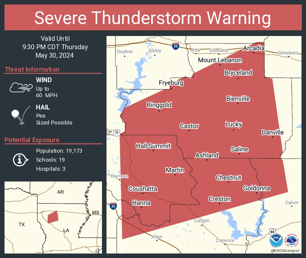 Severe Thunderstorm Warning including Arcadia LA, Coushatta LA and  Ringgold LA until 9:30 PM CDT