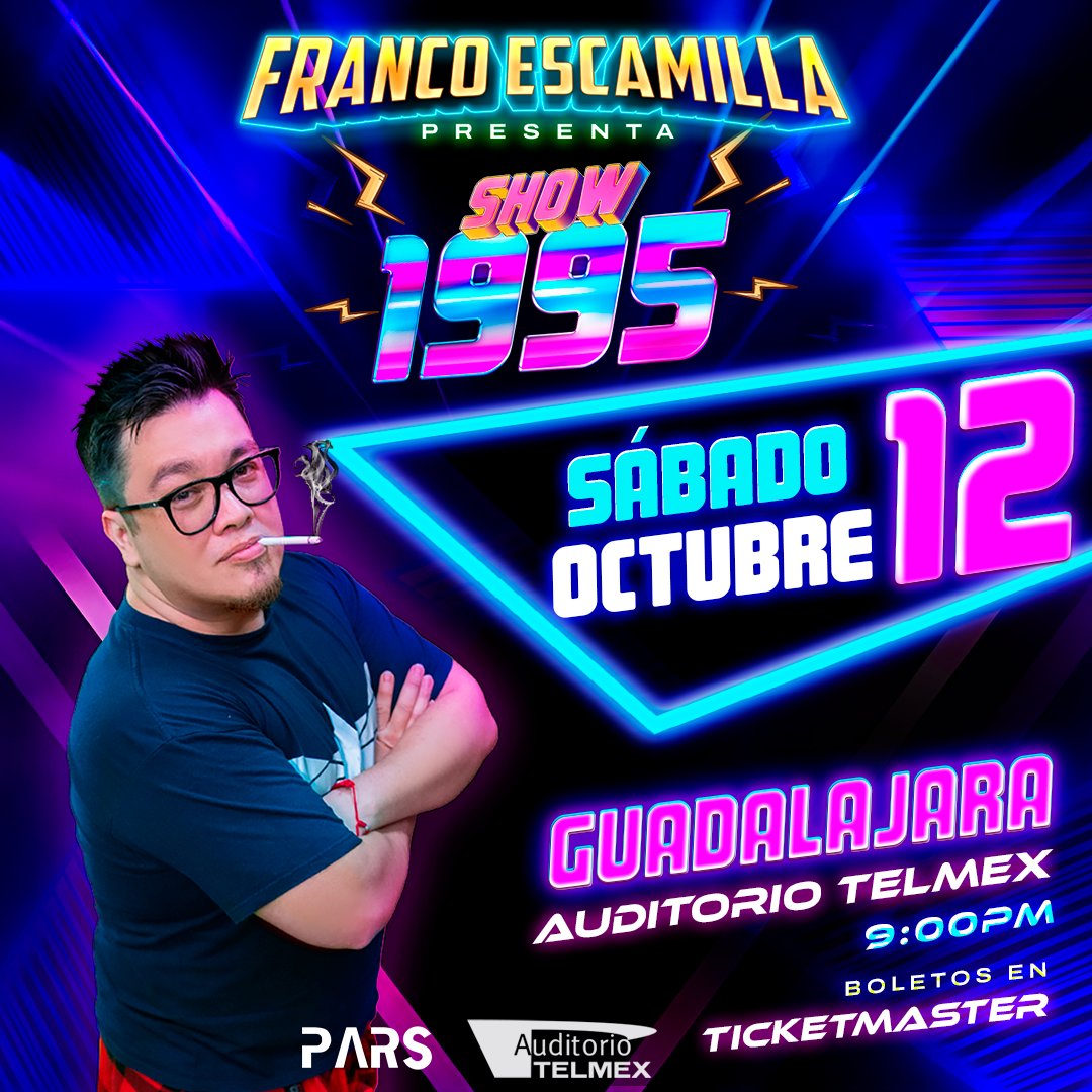 ¡Franco Escamilla regresa a Guadalajara! 🔥 No te pierdas de una noche llena de risas en el Auditorio TELMEX 🤩 📅 12 octubre | 🕗 21:00 hrs 🎫 Boletos a la venta a partir del viernes 31 de mayo a las 11:00 a.m. en Ticketmaster y taquillas del Auditorio TELMEX.