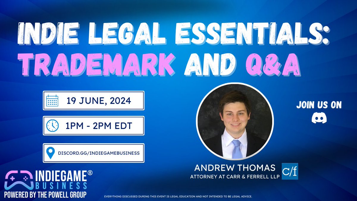 aft236's tweet photo. The next Q&amp;A session on the IndieGameBusiness Discord channel will be covering trademarks. Come by and ask your questions on June 19. https://t.co/rlHkXuxarM