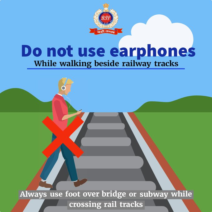 Heads up, earphones down!  Unplug your earphones and #StayAlert when crossing railway tracks. @RPF_INDIA @rpfecrhq1