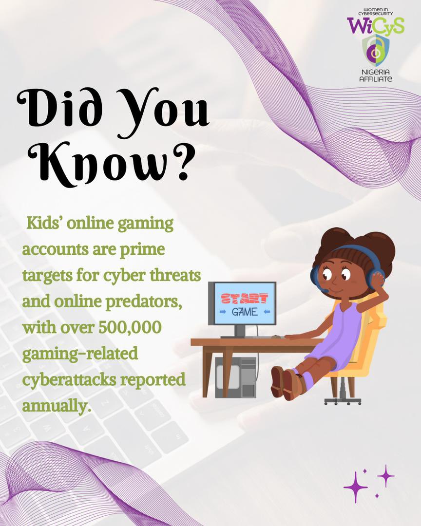 Online gaming platforms have increasingly become targets for cybercriminals. So, teaching children about cyber hygiene and safe online gaming practices is essential for protecting their digital playgrounds. #GamerGuardians #CyberSecurityKids #CybersecurityAwareness #WiCyS  🛡️💻