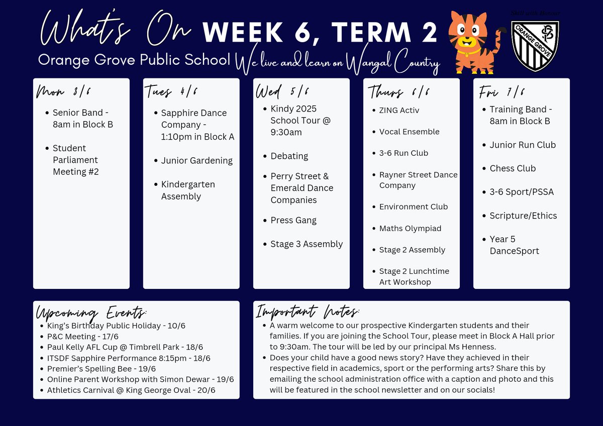 WHAT'S ON @ OGPS 🏫🎒🚸📝
Week 6, Term 2
#TeamOGPS #LoveWhereYouLearn
@NSWEducation @MsKHenness @zakjovevski @MrC_TanOGPSAP @susanfrederiks1 @scottyrjm