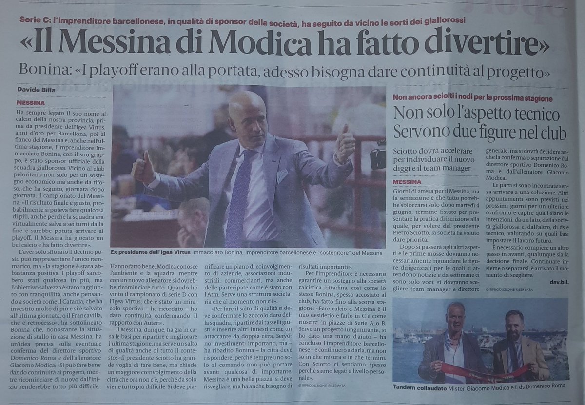 Bonina: 'Si deve pianificare un piano di coinvolgimento di aziende, associazioni industriali, commercianti, ma anche delle partecipate come è stato con l'Atm. Serve una struttura societaria che al momento non c'è. Fare calcio a Messina è il mio desiderio e farlo in C è come...'