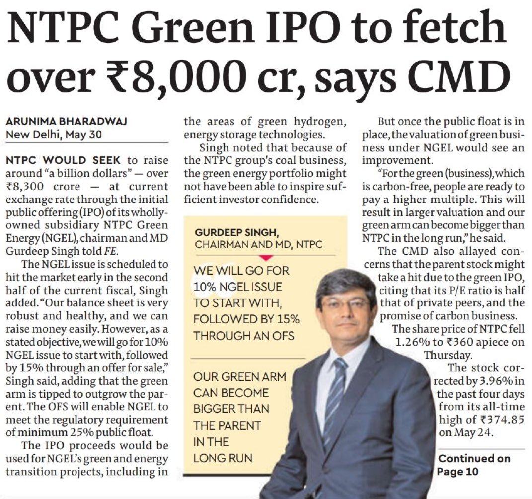 🚨 NTPC Green IPO size will be around whopping 8,000 Crores.

#IPO is expected in the 2nd half of the Fiscal Year
The Company Chairman also believes that NGEL can become bigger than the Parent company NTPC in coming years.

#IPOAlert #NTPCGreen #Stockmarketnews #Stockmarketindia