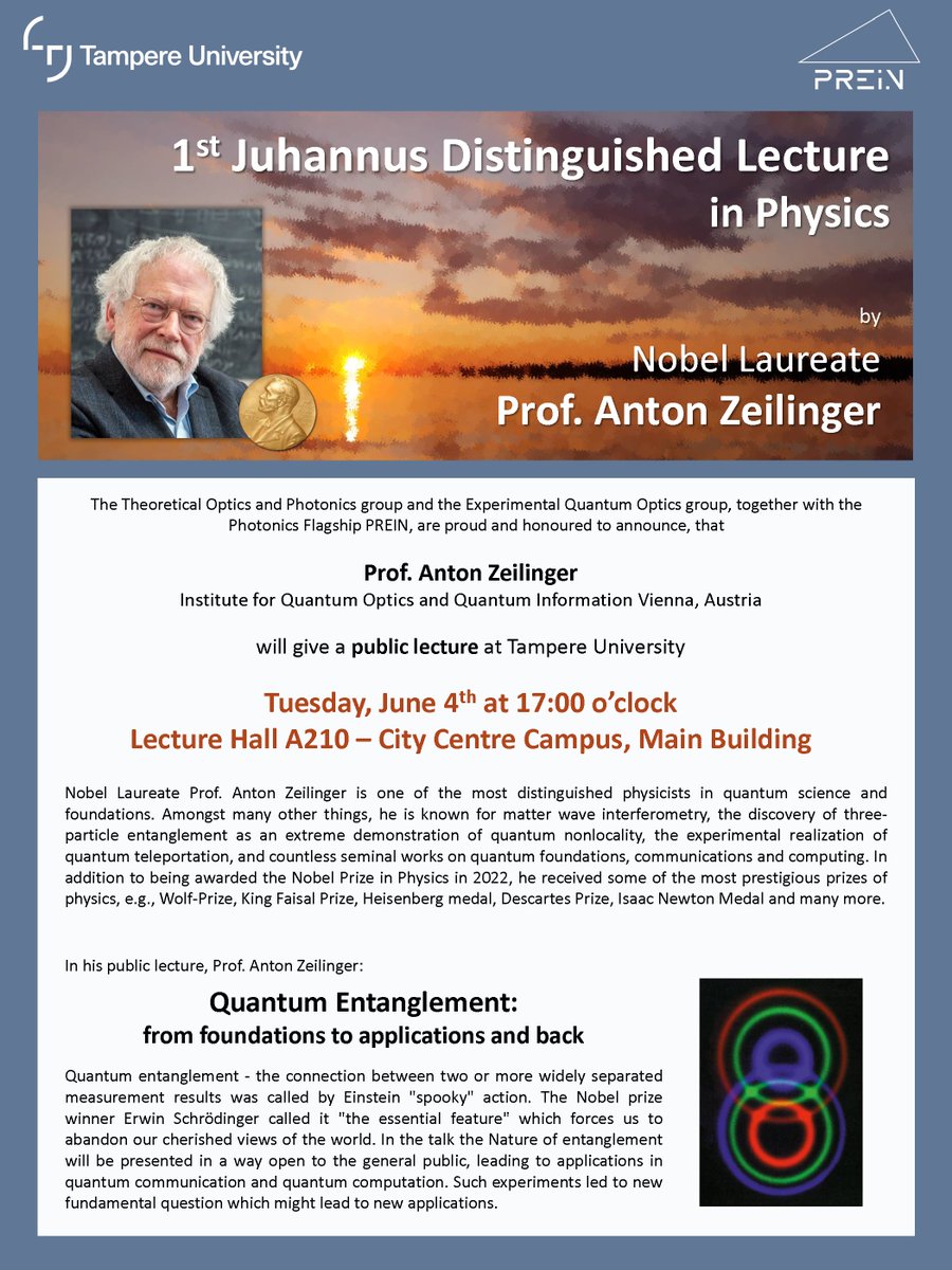 Nobel Laureate Prof Anton Zeilinger of Institute for Quantum Optics and Quantum Information Austria, gives a public lecture at @TampereUni on Tue, 4 June at 17:00, A210,City Centre Campus, Main Bldg. See you there!
@UniEastFinland @AaltoUniversity @VTT #photonics #optics #quantum