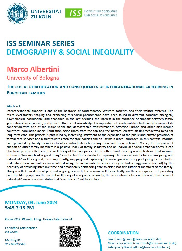 📣Next Monday, Marco Albertini (@madmakko) will talk in our Seminar Series  #Demography &amp; #SocialInequality

Feel free to join on-site or online!

📅03rd of June
📔The social stratification and consequences of intergenerational caregiving in European families

More information👇