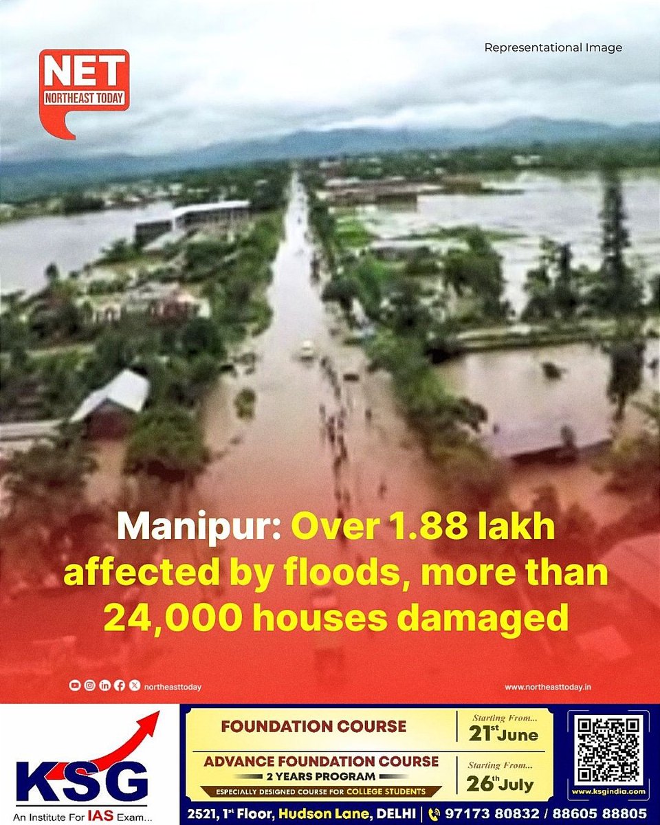 #Manipur | A total of 1,88,143 people have been affected by floods in Manipur following incessant rainfall in the aftermath of Cyclone Remal, a state minister said on Thursday.

Read more..
northeasttoday.in/2024/05/31/man…

#Flood #destruction #weathercrisis #WeatherUpdate #NetSnippet