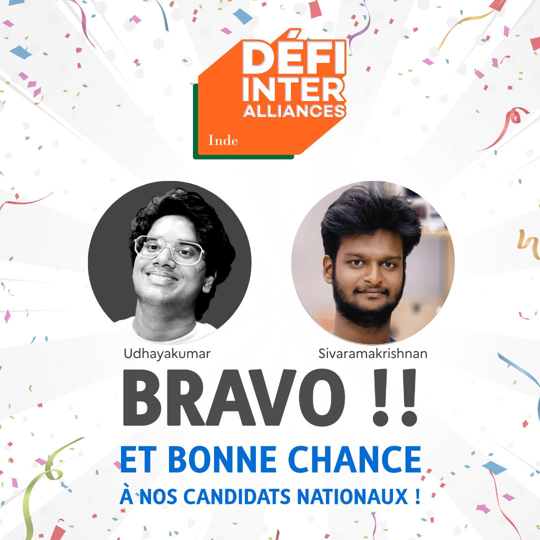 Alliance Française de Bhopal-Indore (@afbhopal) on Twitter photo Congrats to the national winners, Udhayakumar and Sivaramakrishnan from <a href="/afpondy/">AF de pondichery</a>, of the Indian final of the #DEFIinterAlliances2024!
Support them at the Regional Round (Asia + Oceania) tomorrow at 1.30 IST
👉 Click here to watch it live: facebook.com/events/4183245… Congrats to the national winners, Udhayakumar and Sivaramakrishnan from <a href="/afpondy/">AF de pondichery</a>, of the Indian final of the #DEFIinterAlliances2024!
Support them at the Regional Round (Asia + Oceania) tomorrow at 1.30 IST
👉 Click here to watch it live: facebook.com/events/4183245…