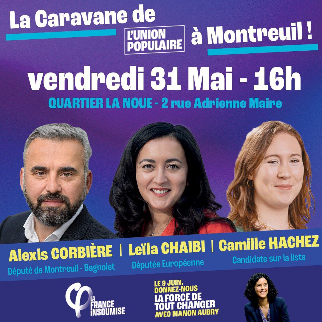 A tout à l'heure, dans le quartier la Noue à #Montreuil (et proche de #Bagnolet) avec @leilachaibi et Camille Hachez en campagne pour la liste de @ManonAubryFr ..