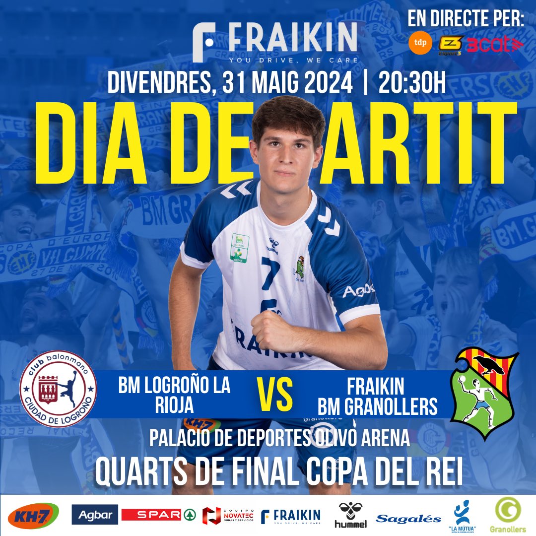 ⚡️𝐃𝐈𝐀 𝐃𝐄 𝐏𝐀𝐑𝐓𝐈𝐓⚡️

⚔️ BM Logroño La Rioja 🆚 Fraikin BM Granollers
🗓️ Avui, divendres 31 de maig de 2024
⏰ 20:30h
🏟️ Palacio de Deportes Olivo Arena
🏆 Quarts de final de la Copa del Rei
📺 Teledeporte, 3Cat i Esport3

Som-hi nois! 💪🏻

Fem història!!📝

#OrgullBMG🔵⚪️