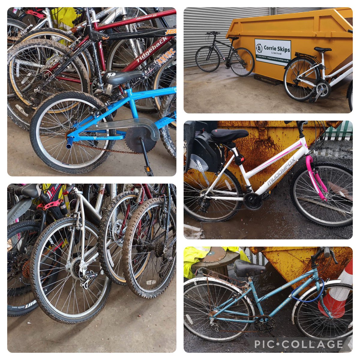KilwAcadSSR's tweet photo. Massive thanks to Corrie Skips for delivering these bikes to help our pupils in the cycle maintenance project #recycling #fixingup #newskills @Kilwinning_Acad @Triggerbhoy1888 https://t.co/ISchQLkNx5