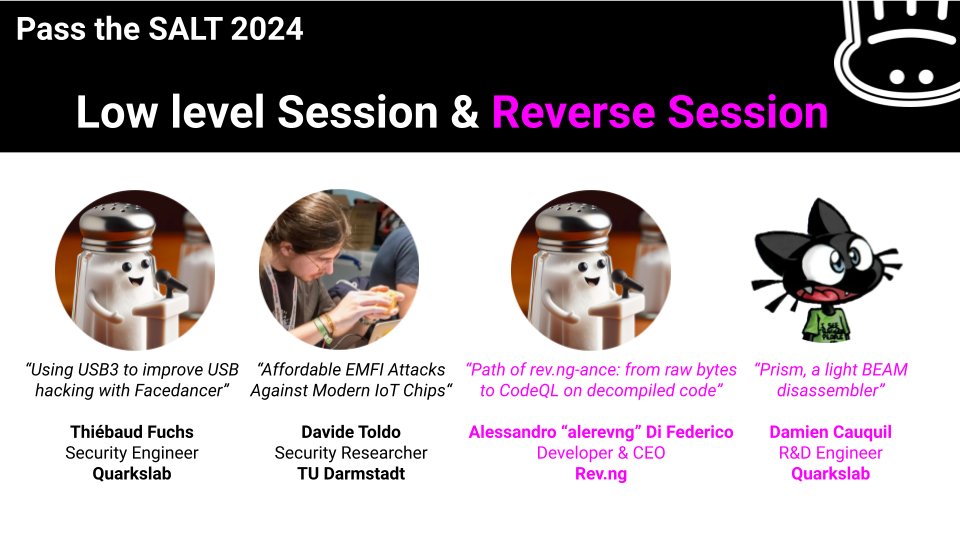 passthesaltcon's tweet image. After DFIR, Host Protection, WebPKI and Crypto sessions, let's discover our 2 #lowlevel and #reverse sessions 😍🛠️
The #lowlevel session will:
- dive into #USB3 hacking with open source HydraDancer by Thiébaud Fuchs from @quarkslab
- explore affordable EMFI attacks against…