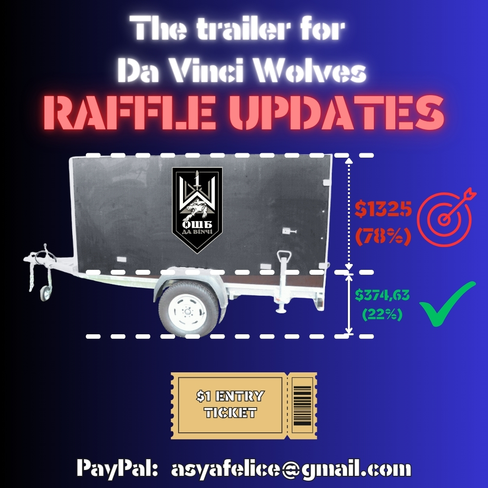 🚨Raffle updates! The trailer for @VovkyDaVinchi batallion, the 1st sepparate assault brigade, Aerial reconnaissance unit. ✅ $374,63 (22%) collected 🎯 $1325 (78%) to go Thats an incredible result in less than 24 hours! You people are amazing! Let's keep pushing it and make