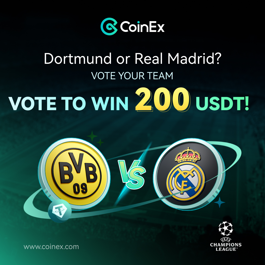 🟡 #Dortmund vs. ⚫️#RealMadrid in the UEFA Champions League Final on June 1 at 8 PM UTC! ⚽️ Who will win? 🏆Place your bets &amp; win 200 $USDT! 

Here's how:
1⃣ Vote the winning team in thread. 🧵
2⃣ Follow us, screencap your vote, retweet, &amp; tag 3 friends.

Game on! ⚽️ #CoinEx