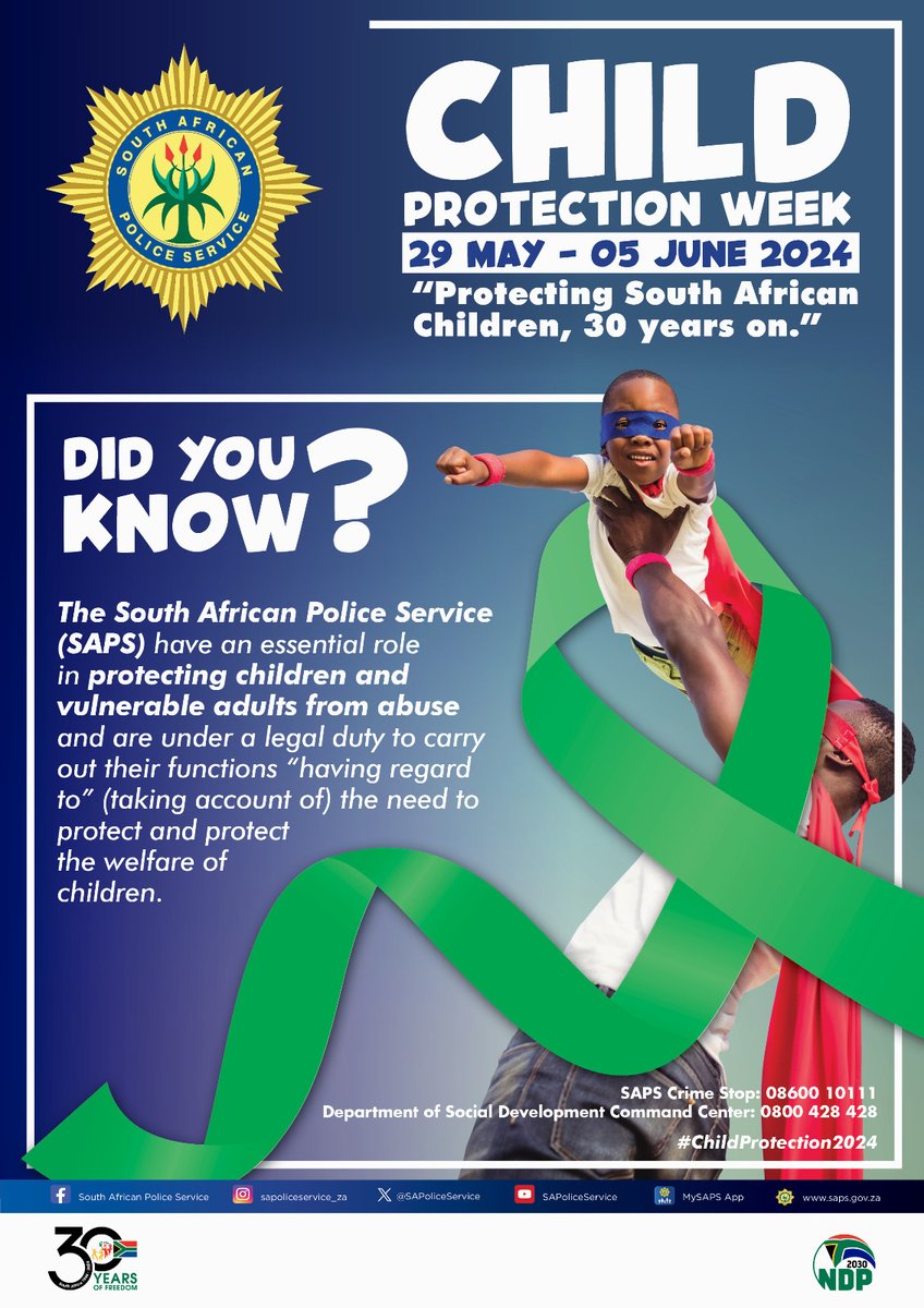 SAPoliceService's tweet image. #sapsDYK #ChildProtectionWeek2024
Article 28(1)(2)(3) of the South African Constitution mandates SAPS to protect children from violence, exploitation, and abuse. This is not just a basic value but also an obligation for the police.

The SAPS management salutes all officers who