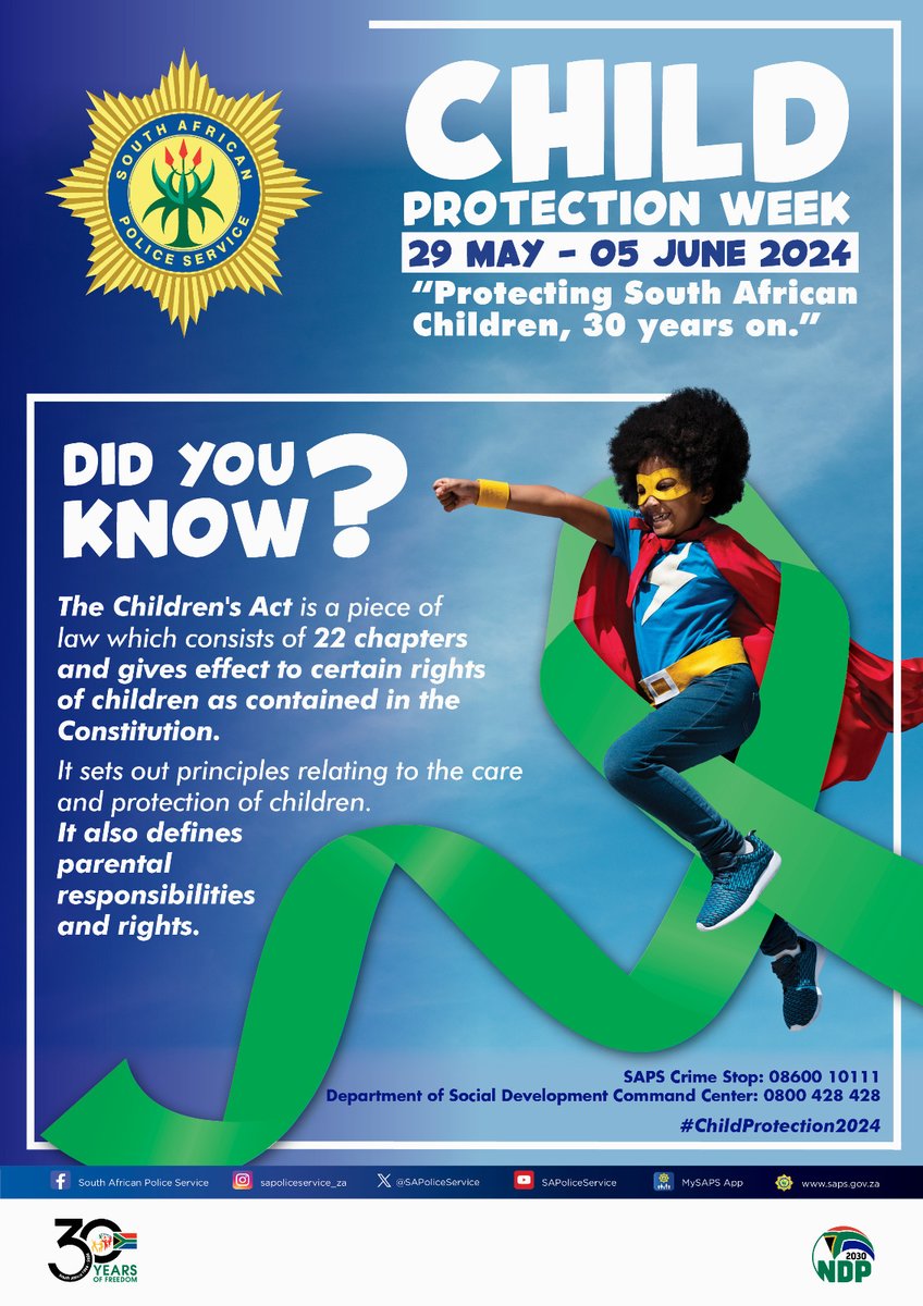 SAPoliceService's tweet image. #sapsDYK #ChildProtectionWeek2024
Article 28(1)(2)(3) of the South African Constitution mandates SAPS to protect children from violence, exploitation, and abuse. This is not just a basic value but also an obligation for the police.

The SAPS management salutes all officers who