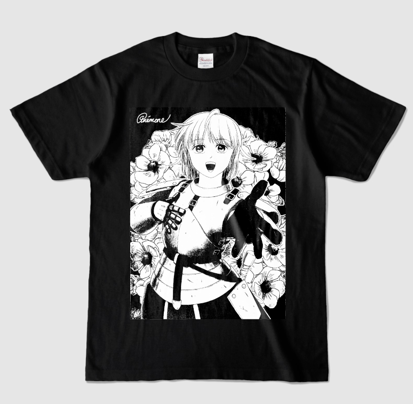 出来心でpixivFACTORYで「anémone」キャラＴシャツを作ってしまった（画像は商品プレビュー）😅
ちょっと自分で着るのは恥ずかしいかも💦