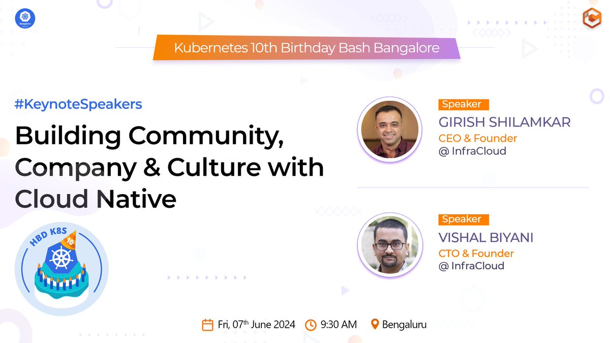 K8s enthusiasts are convening at @k8sBLR to celebrate 10 years of #Kubernetes🎉 @shilamkar & @vishal_biyani will deliver a keynote on 'Building Community, Company & Culture with #CloudNative'🎙️ RSVP to join fellow #techies at THE #KuberTENes party👇 konfhub.com/kbbb